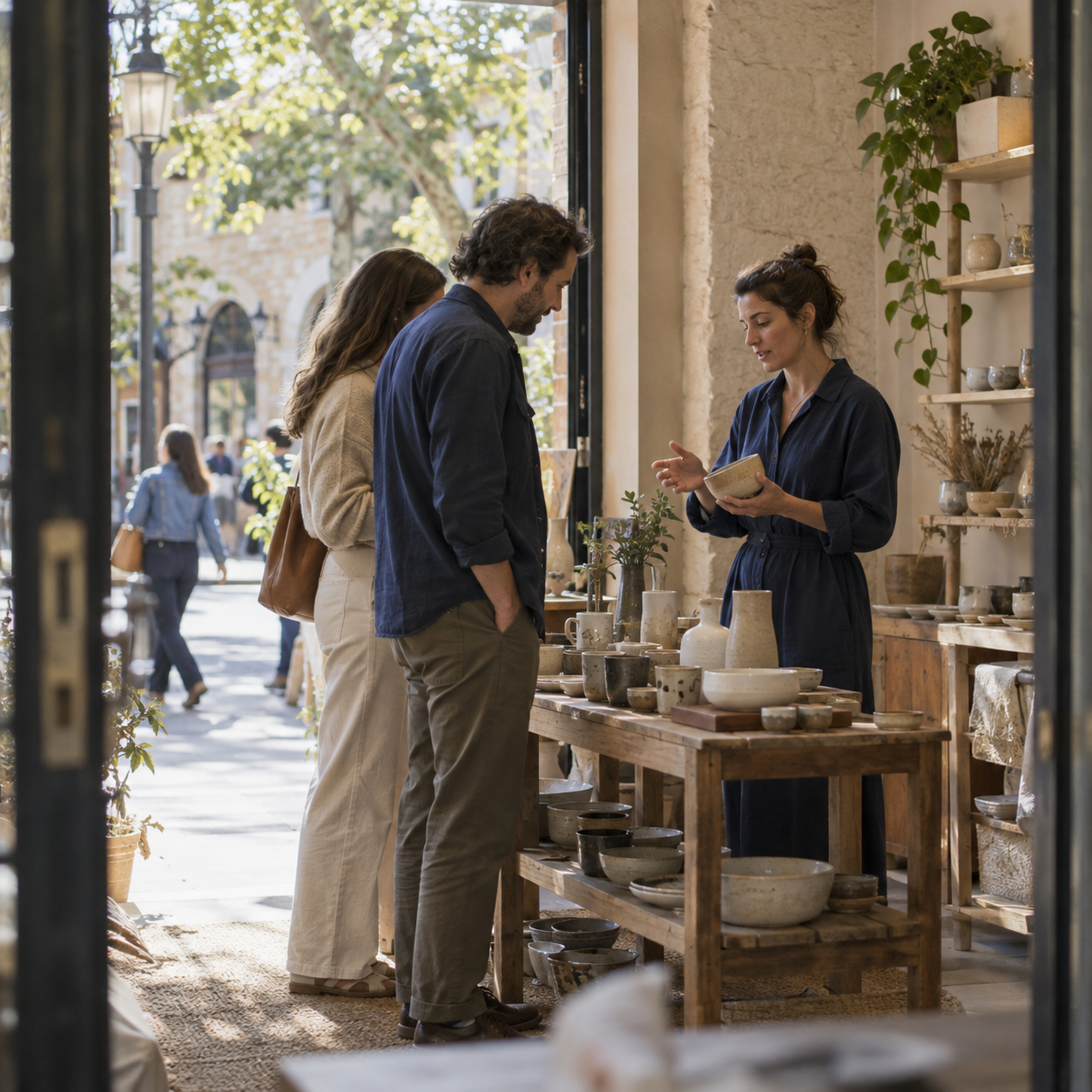Illustrative scene of a business owner speaking with customers