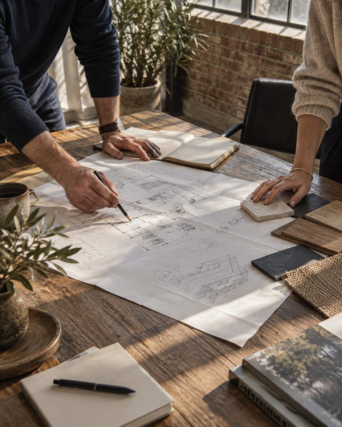 Illustrative planning scene with a team reviewing drawings